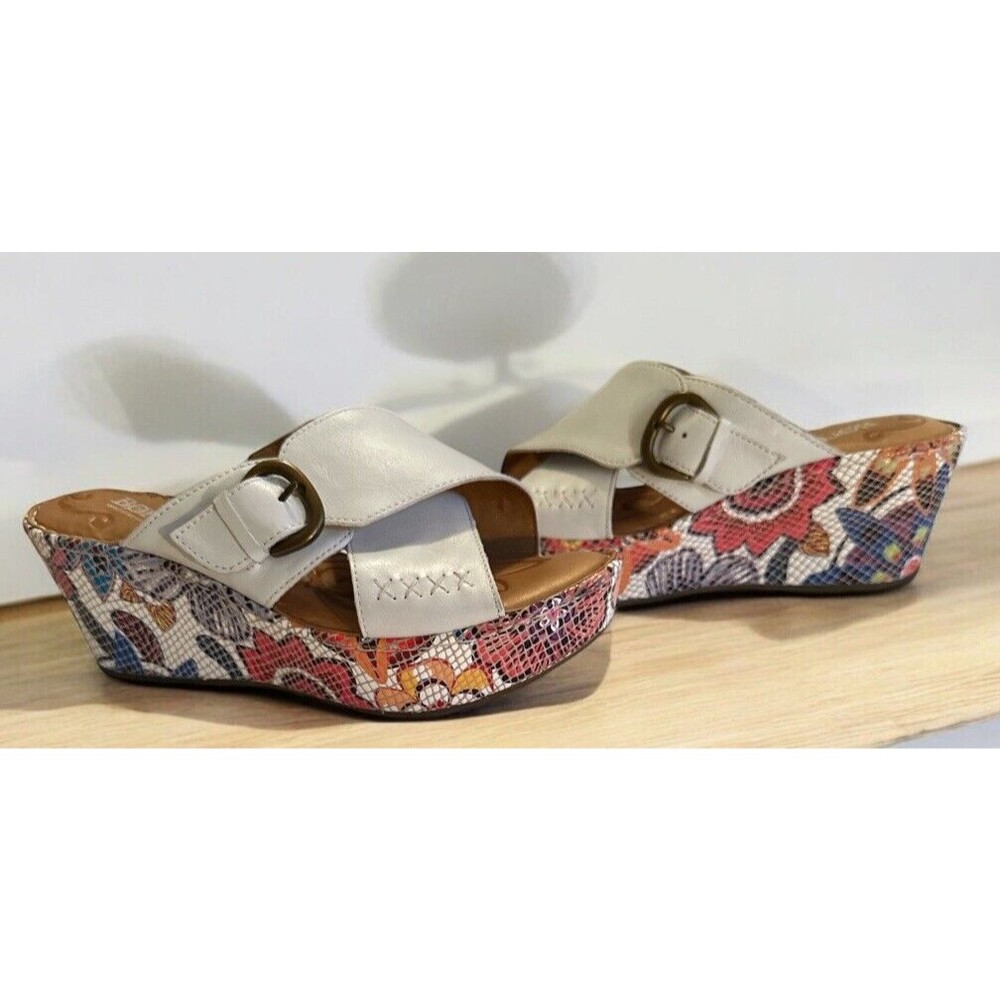 Born Curstyn White Leather Floral Mosaic Platform Wedge Mule Shoe Size 8M Women